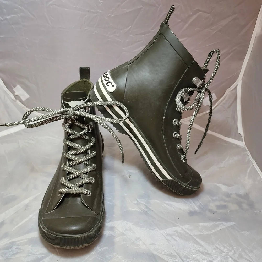 Rocket Dog Olive Green Grey Rubber Lace Up Rain Boots Women's Size 7 All Seasons